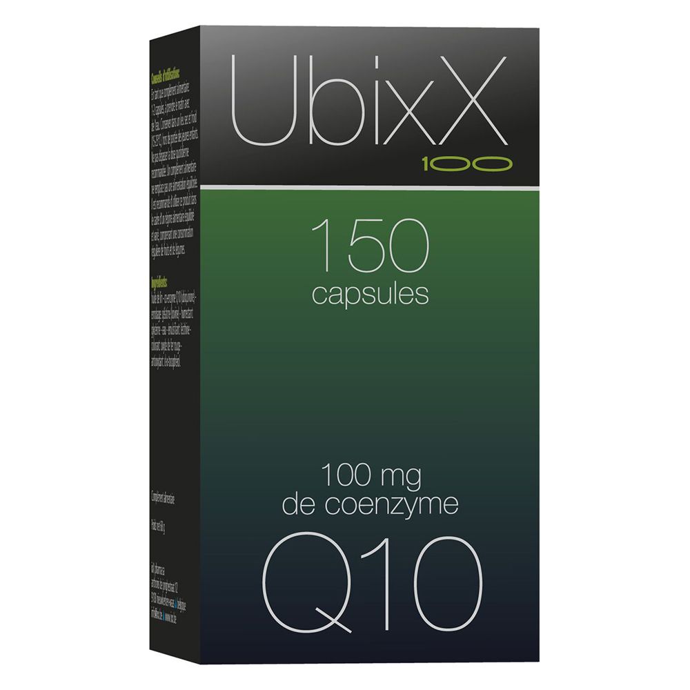 Boîte avec Ubixx 100, 150 capsules, Q10. Fond vert et blanc.