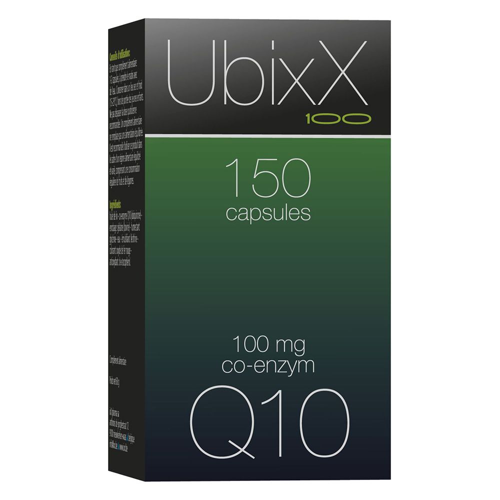 Doos met Ubixx 100, 150 capsules, Q10. Groen-witte achtergrond.