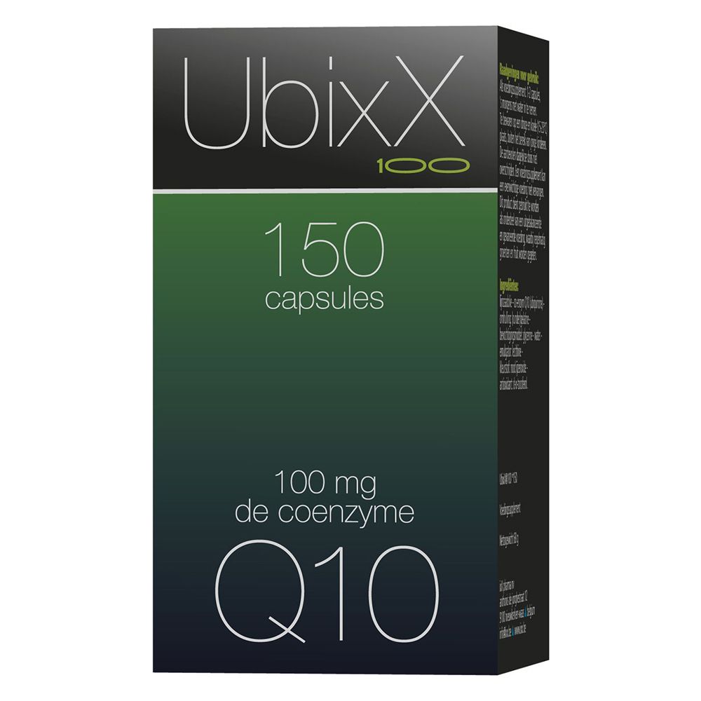 Boîte avec Ubixx 100, 150 capsules, Q10. Fond vert et blanc.