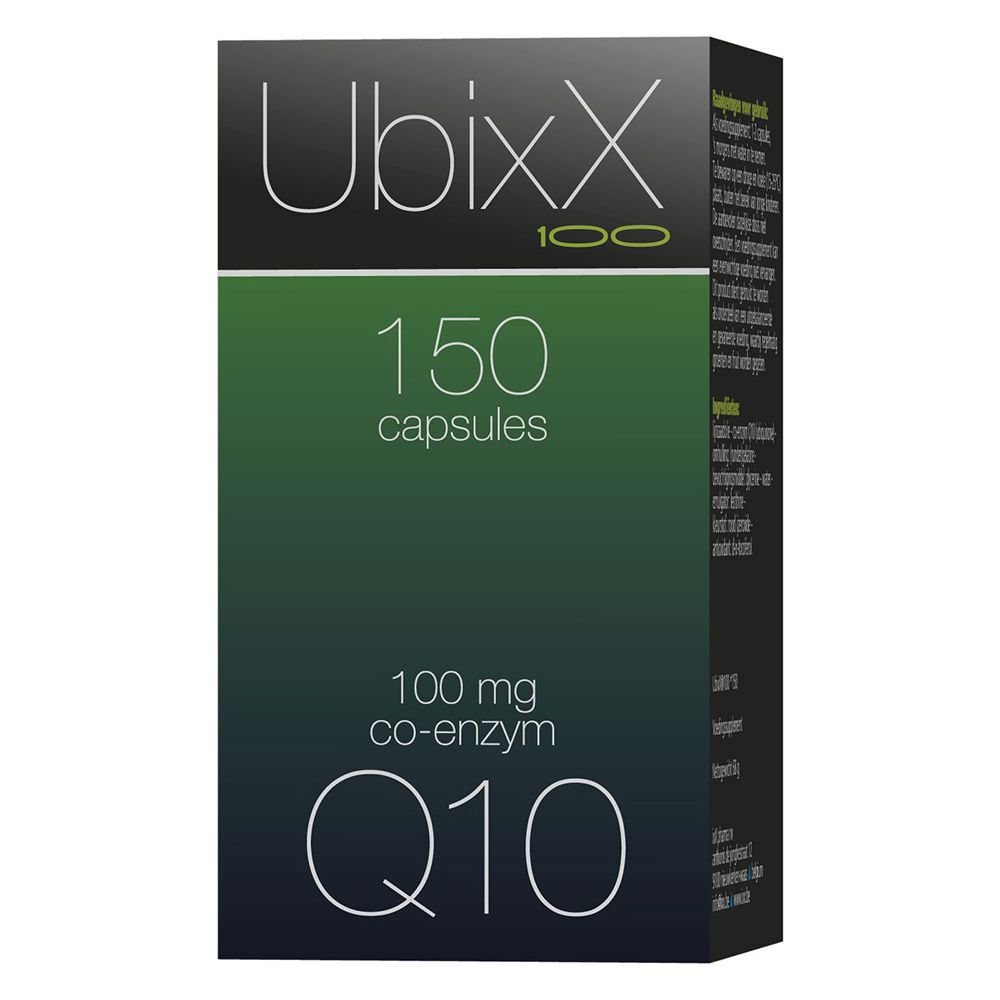 Doos met Ubixx 100, 150 capsules, Q10. Groen-witte achtergrond.