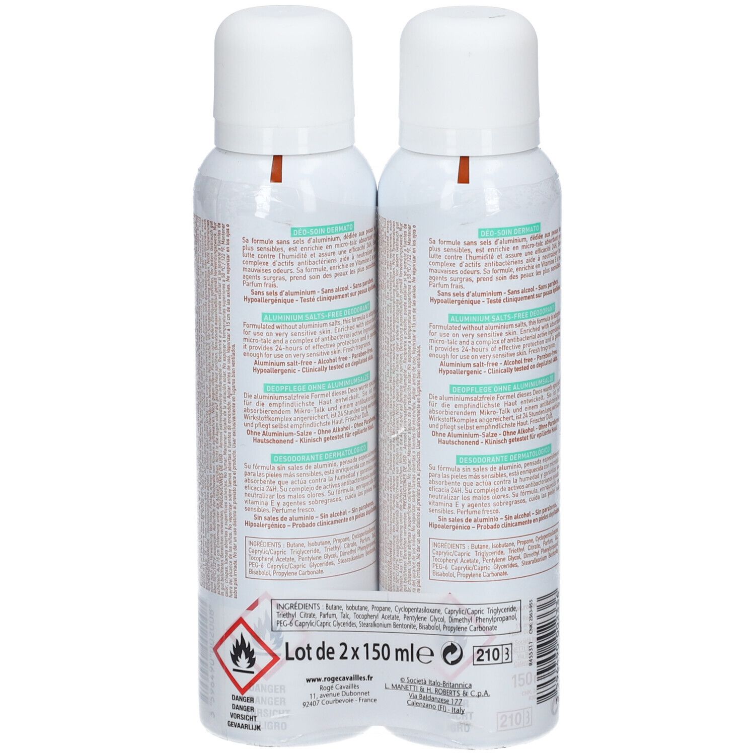 Deux déodorants emballés. Rogé Cavaillès Déo-soin DERMATO. Ingrédients et avertissements.