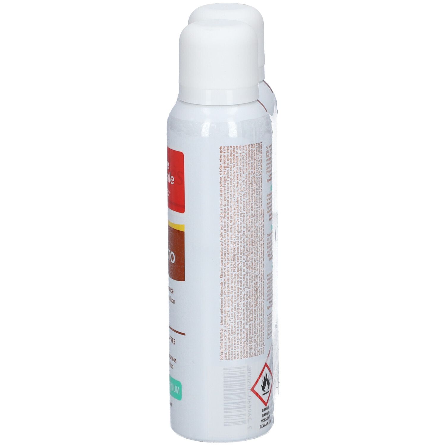 Spray déodorant, vue latérale. Rogé Cavaillès Déo-soin DERMATO. Sans sels d'aluminium. Texte et avertissement.