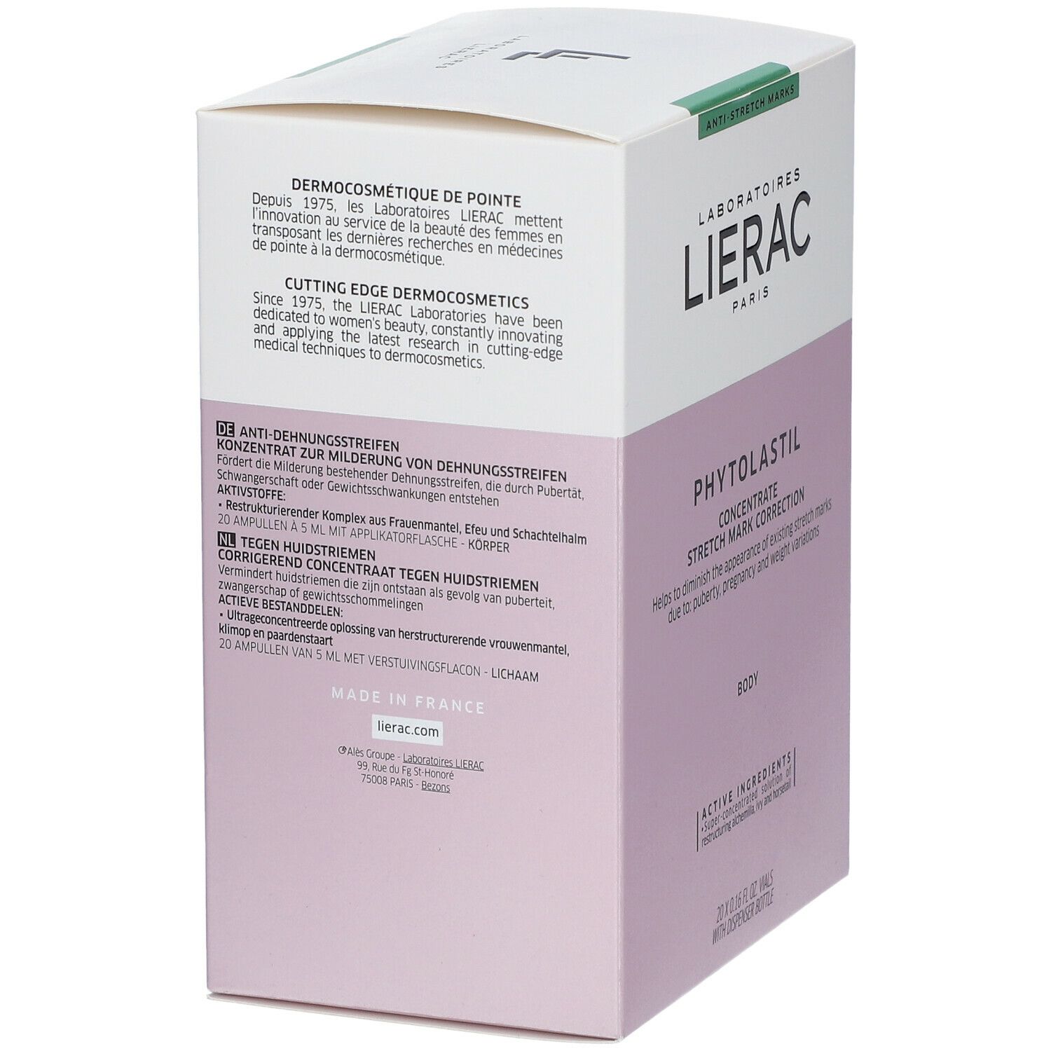 Lierac Phytolastil Konzentrat. Weiße Schachtel mit Produktinformationen. Rückseite mit Text in Deutsch und Französisch.