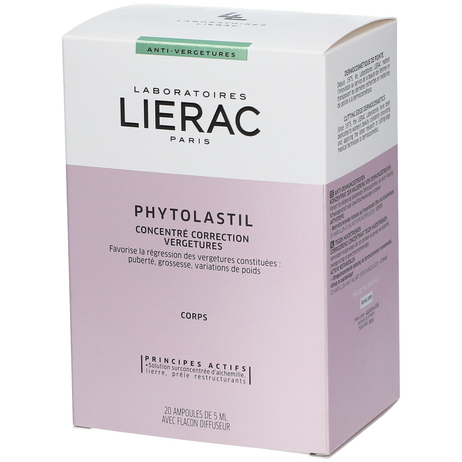 Lierac Phytolastil Konzentrat. Weiße Schachtel mit Produktinformationen. Enthält 20 Ampullen mit Applikatorflasche.
