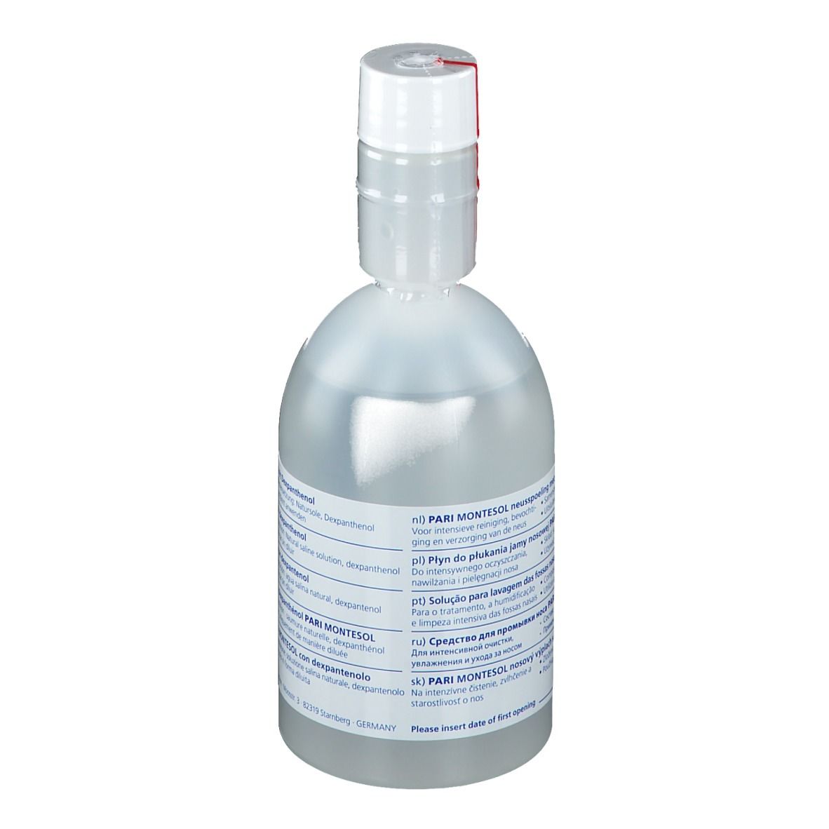 Flacon transparent avec bouchon blanc. Étiquette avec informations produit. Indicateur de fermeture rouge.