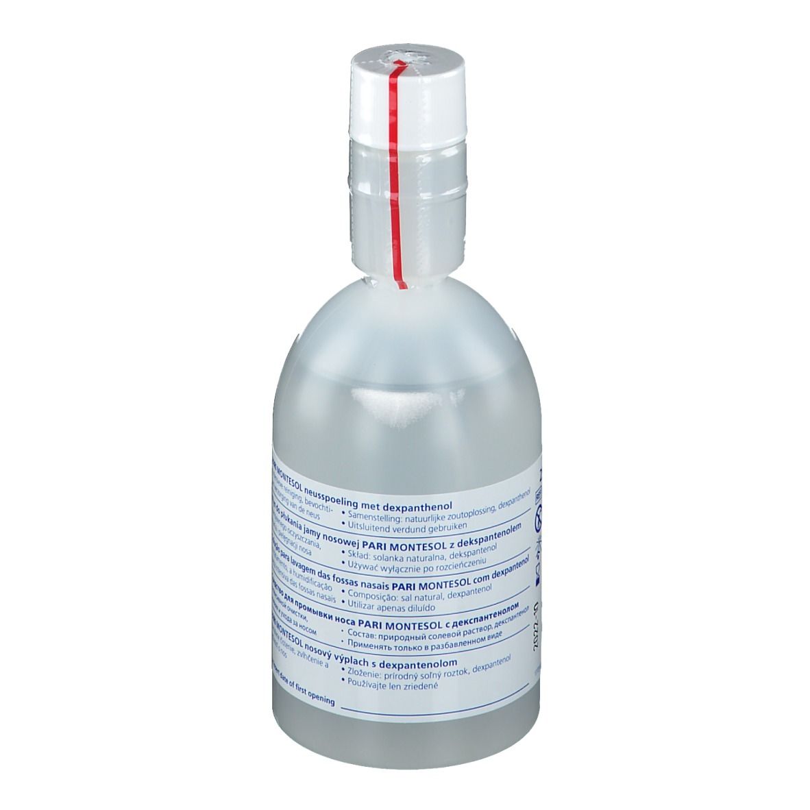 Flacon transparent avec bouchon blanc. Étiquette avec informations produit. Indicateur de fermeture rouge.