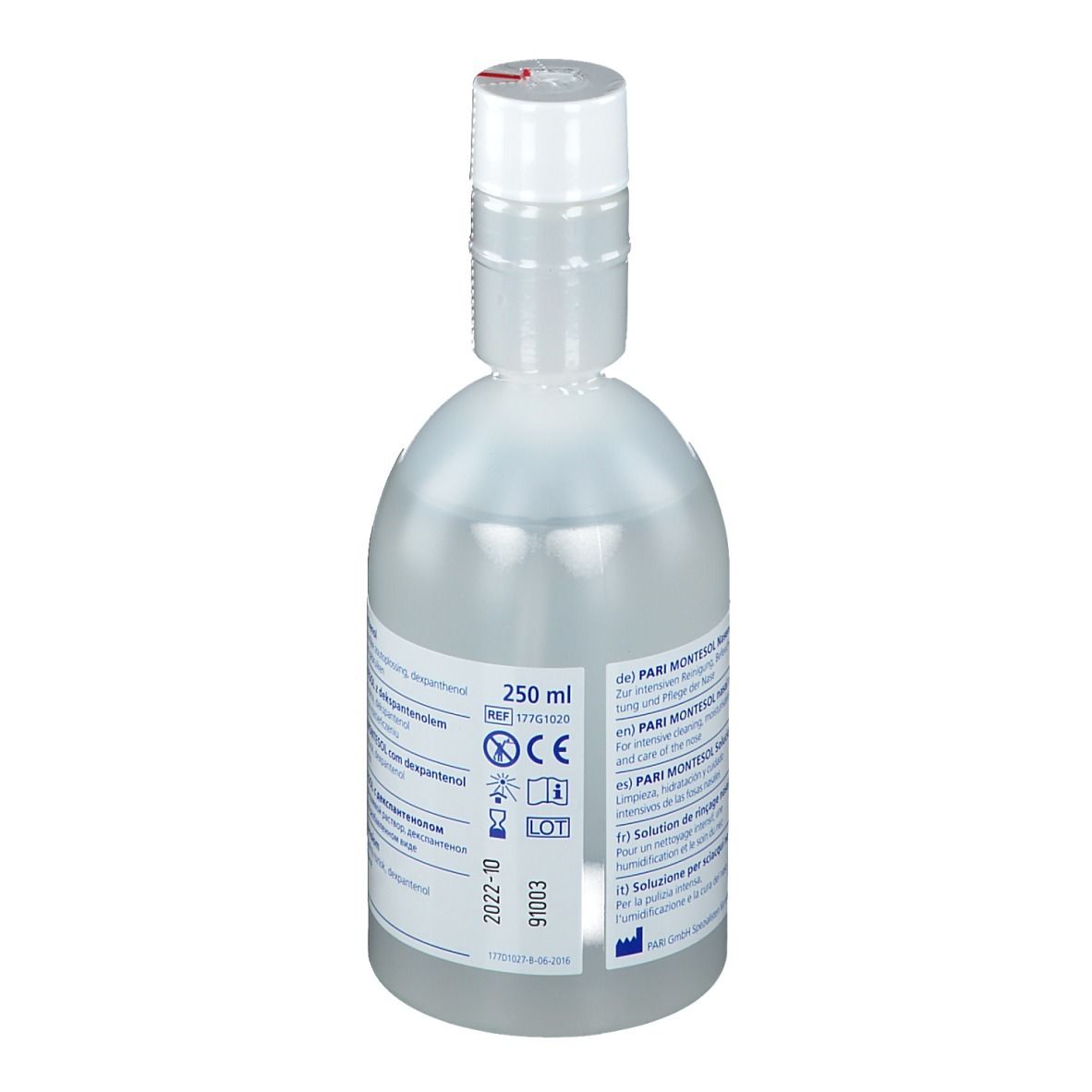Flacon transparent avec bouchon blanc. Étiquette avec informations produit. Indicateur de fermeture rouge. 250 ml.
