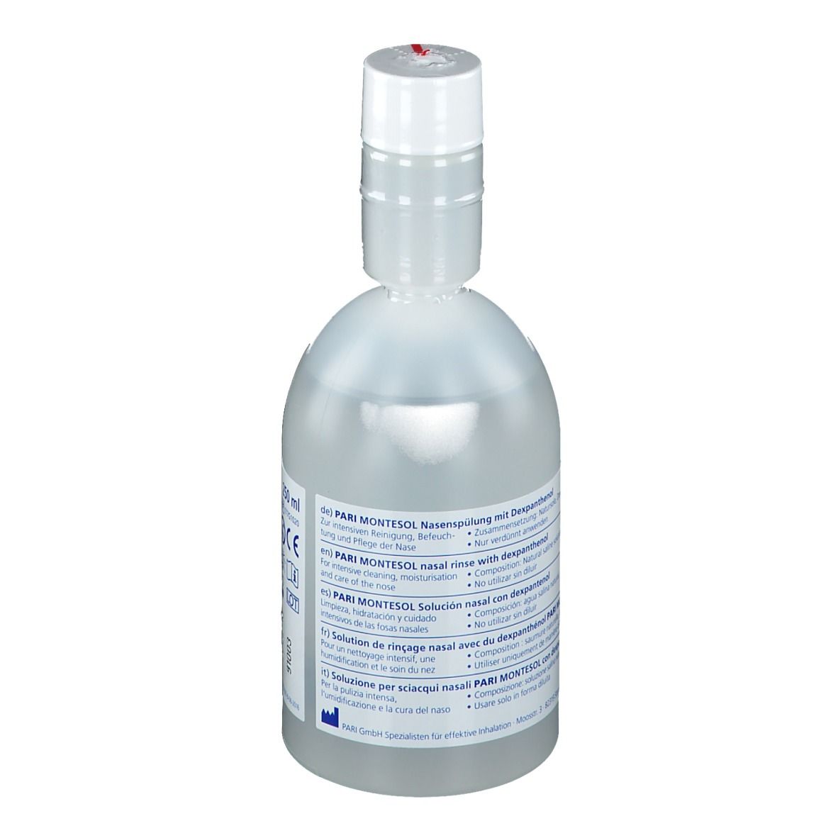 Flacon transparent avec bouchon blanc. Étiquette avec informations produit. Indicateur de fermeture rouge.