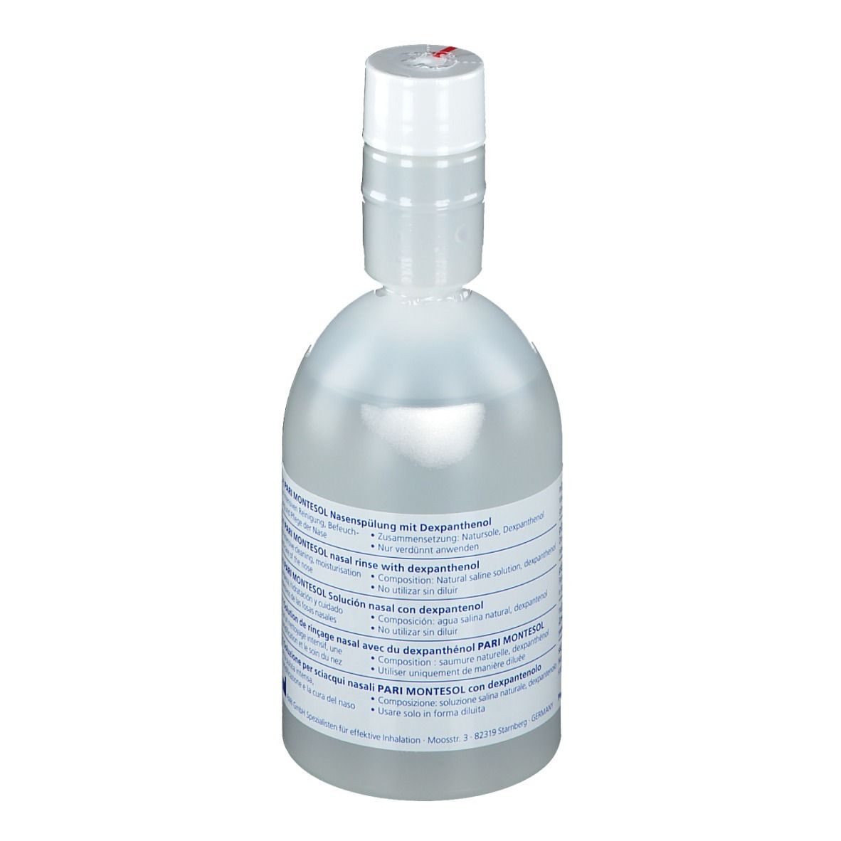 Flacon transparent avec bouchon blanc. Étiquette avec informations produit. Indicateur de fermeture rouge.