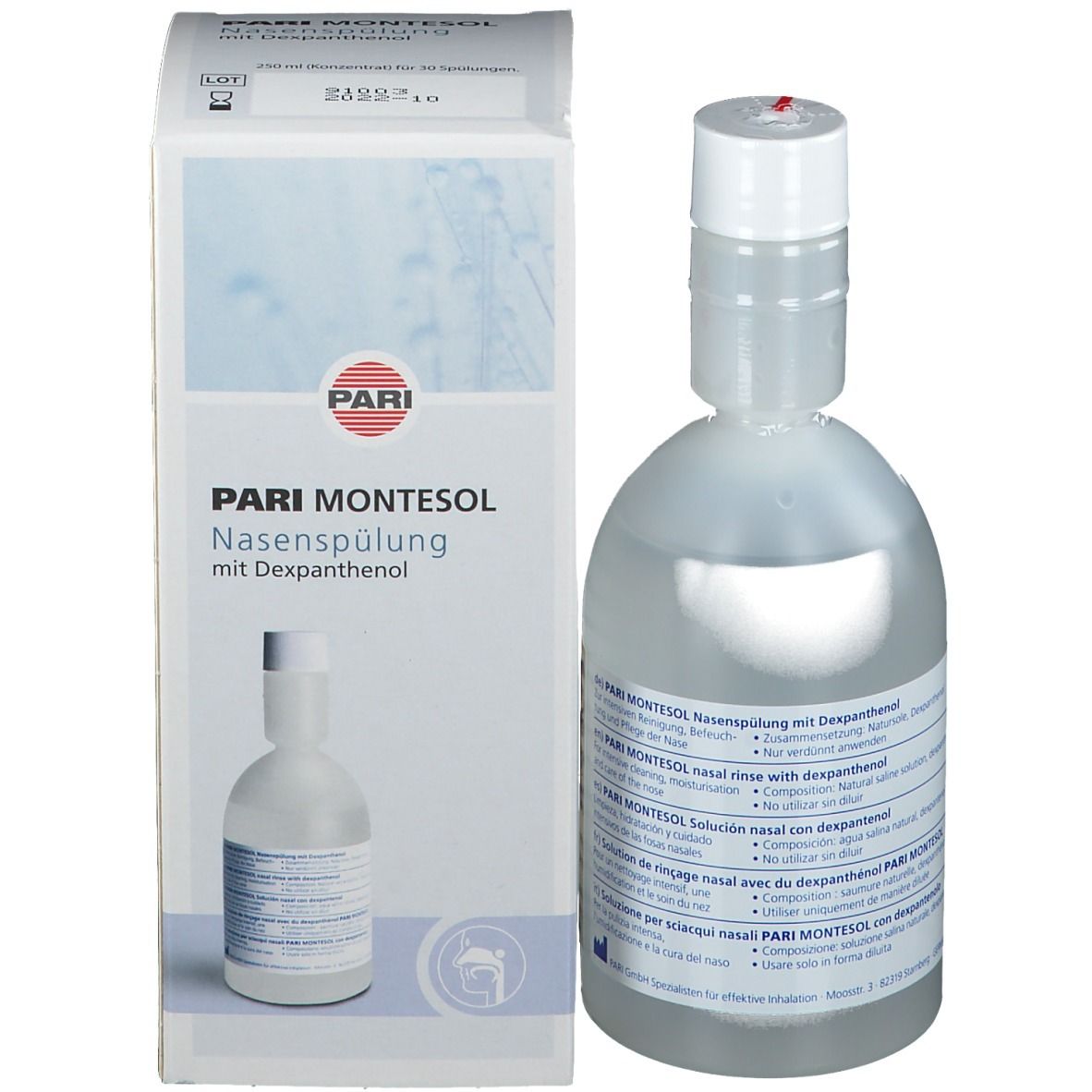 Emballage produit avec flacon. Boîte blanche avec nom et logo. Flacon avec indicateur de fermeture rouge.