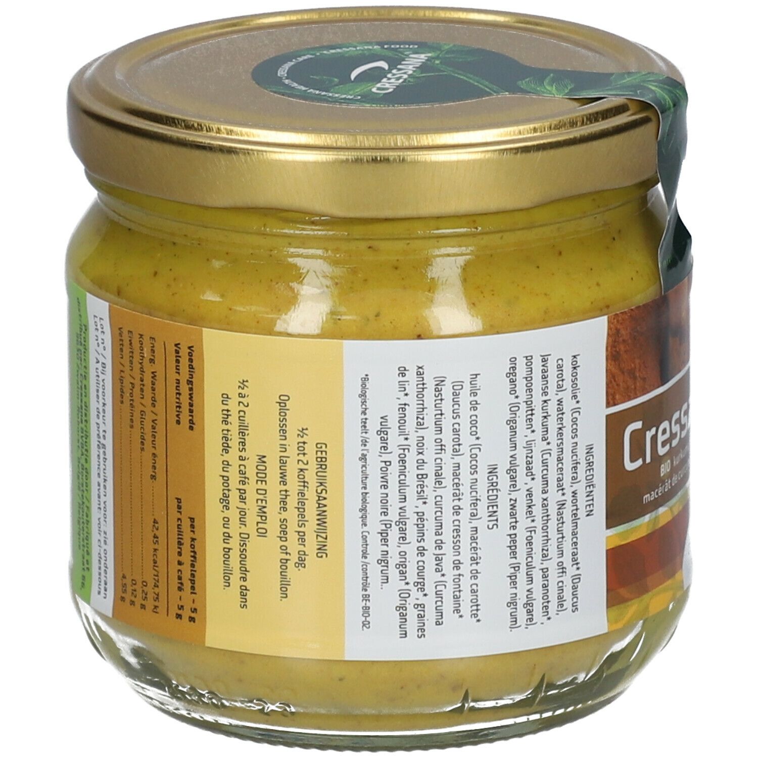 Dos d'un pot avec contenu jaune. Étiquette avec liste d'ingrédients et mode d'emploi. Inscription: Cressana.