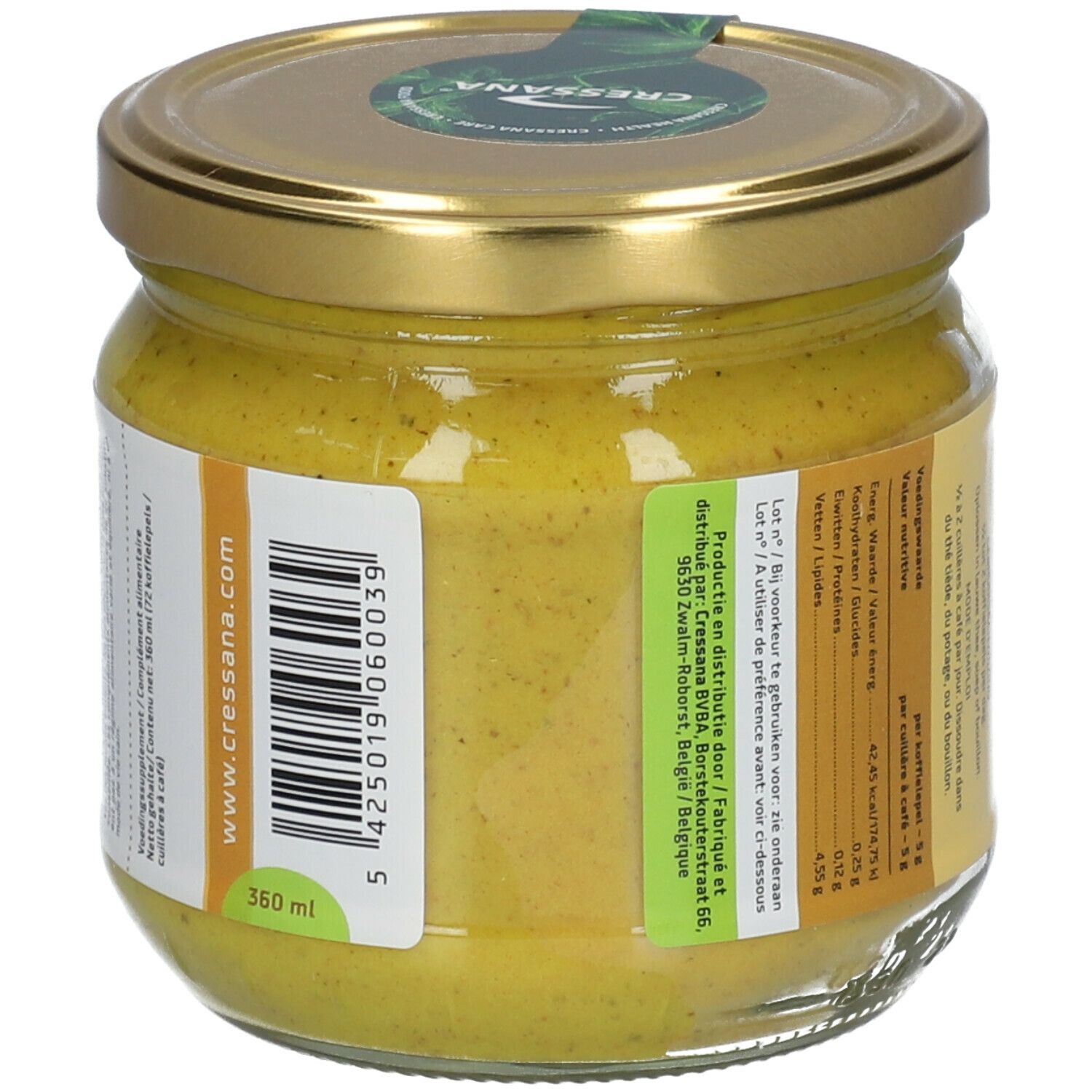 Dos d'un pot avec contenu jaune. Étiquette avec informations nutritionnelles et code-barres. Inscription: 360 ml, Cressana.