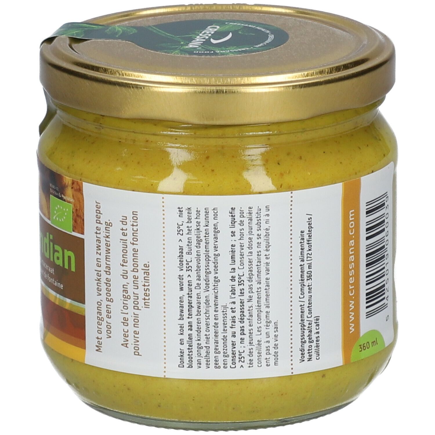 Pot en verre avec contenu jaune, couvercle doré et étiquette. Inscription: CressanIndian, BIO curcuma + cresson. Avec origan, fenouil et poivre.