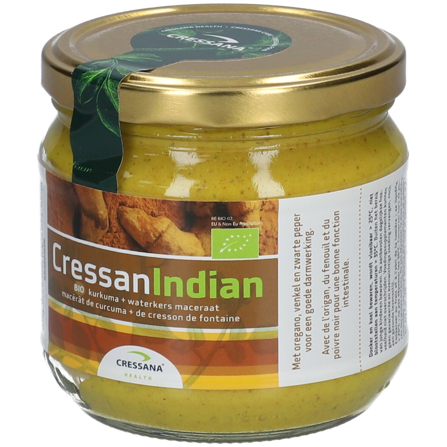 Pot en verre avec contenu jaune, couvercle doré et étiquette. Inscription: CressanIndian, BIO curcuma + cresson. Avec origan, fenouil et poivre.