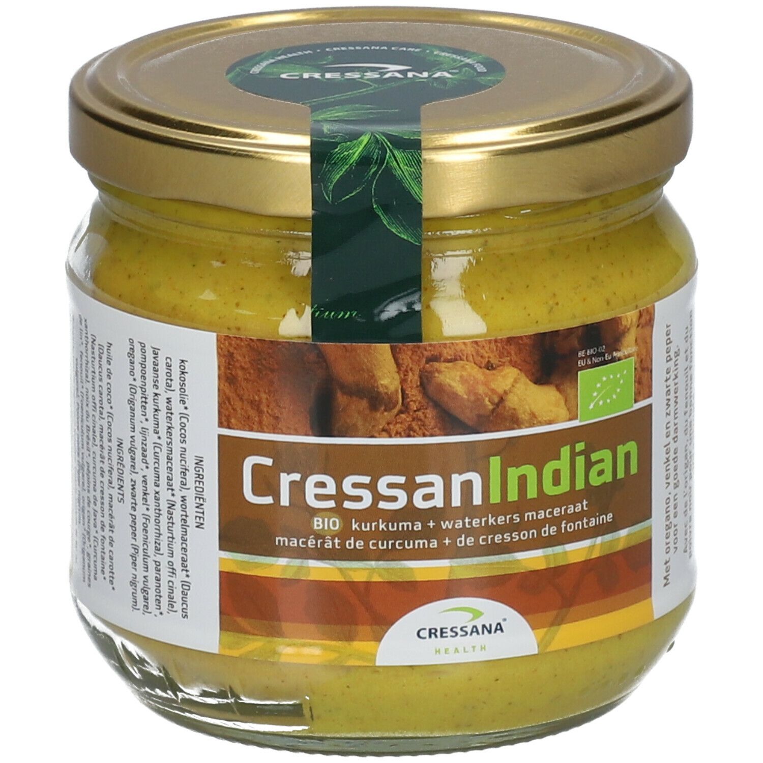 Pot en verre avec contenu jaune, couvercle doré et étiquette. Inscription: CressanIndian, BIO curcuma + cresson. Avec origan, fenouil et poivre.
