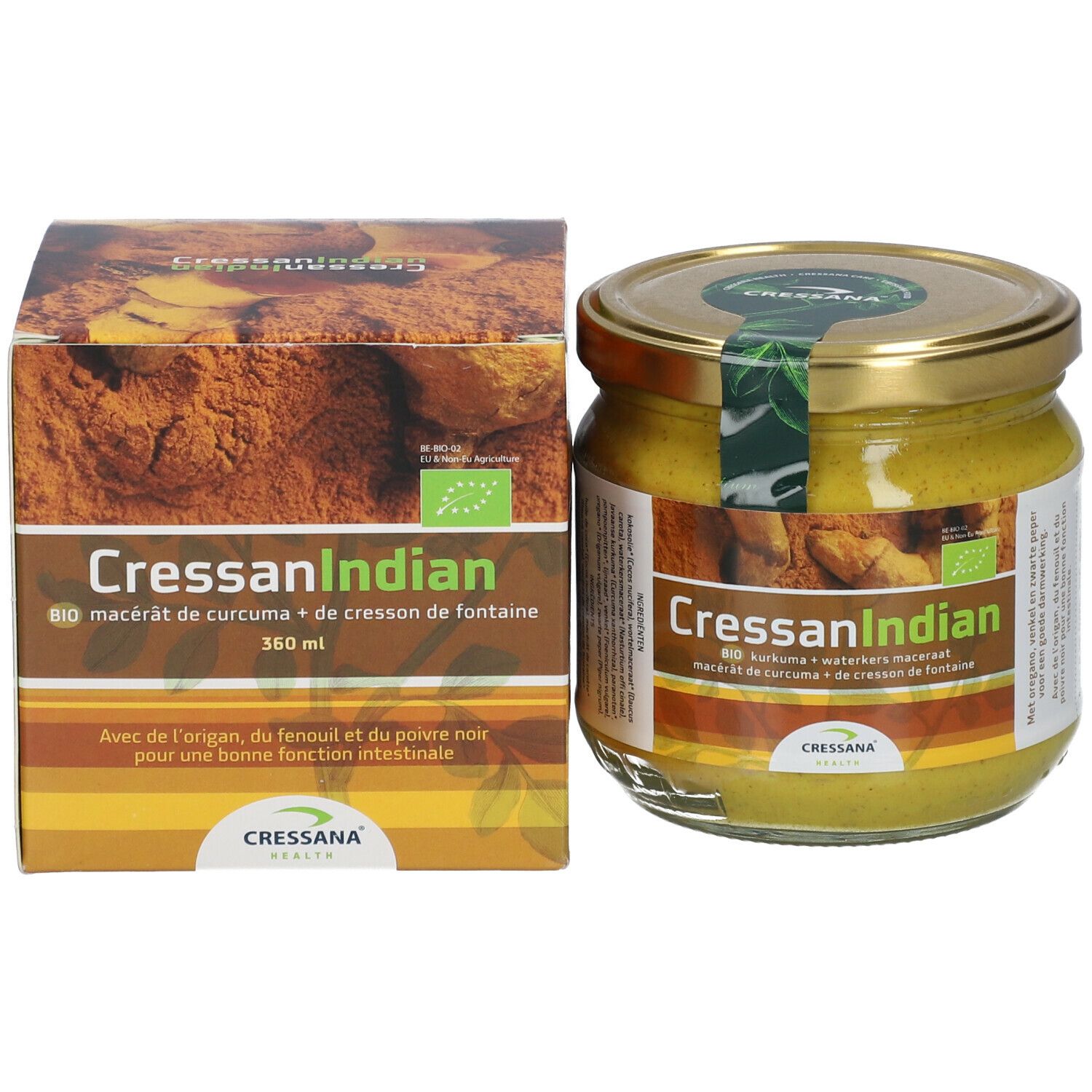 Pot avec contenu jaune et carton. Inscription: CressanIndian, BIO curcuma + cresson. 360 ml. Cressana Health.