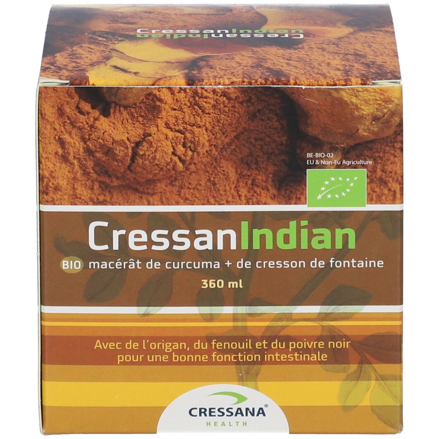Boîte avec inscription: CressanIndian, BIO curcuma + cresson. 360 ml. Cressana Health. Avec origan, fenouil et poivre.
