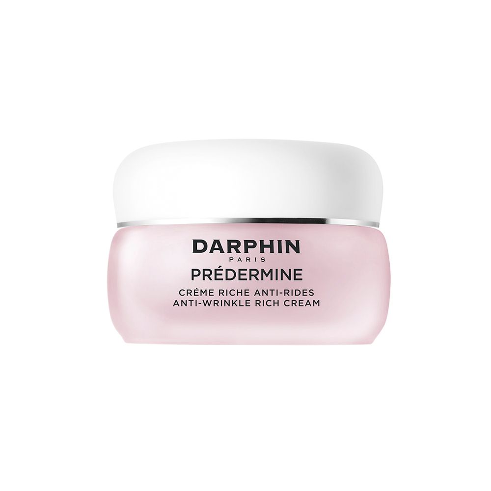 Pot de crème avec couvercle blanc. Inscription : Darphin, Prédermine, Crème riche anti-rides.