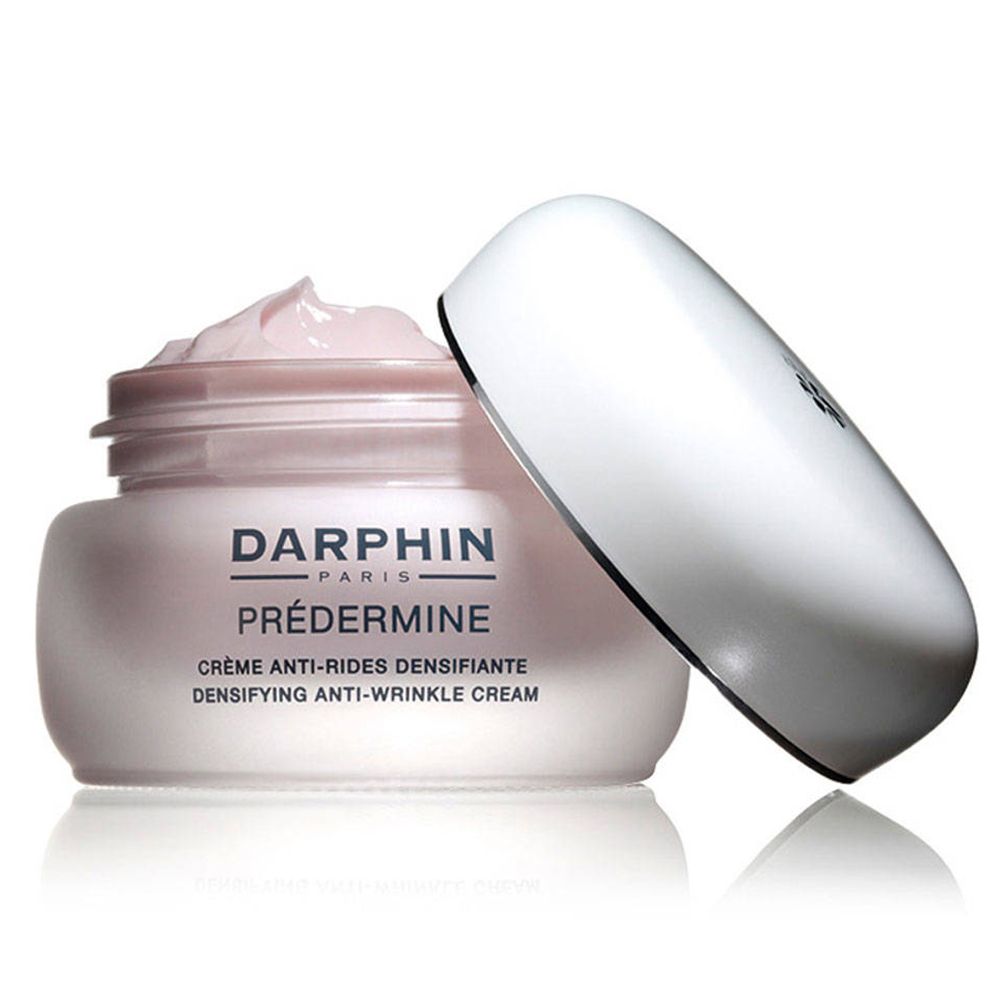 Pot de crème ouvert avec couvercle blanc. Crème visible. Inscription : Darphin, Prédermine.