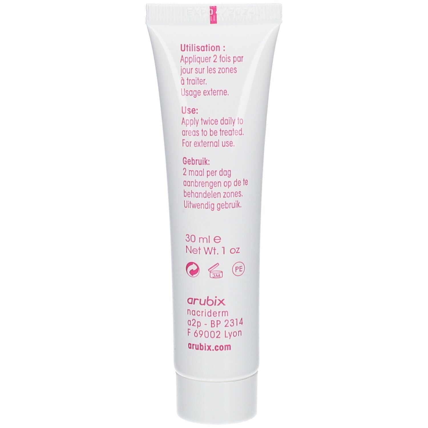 Dos du tube. Texte: instructions d'utilisation, 30 ml, arubix, nacriderm, arubix.com. Symbole de recyclage PE.