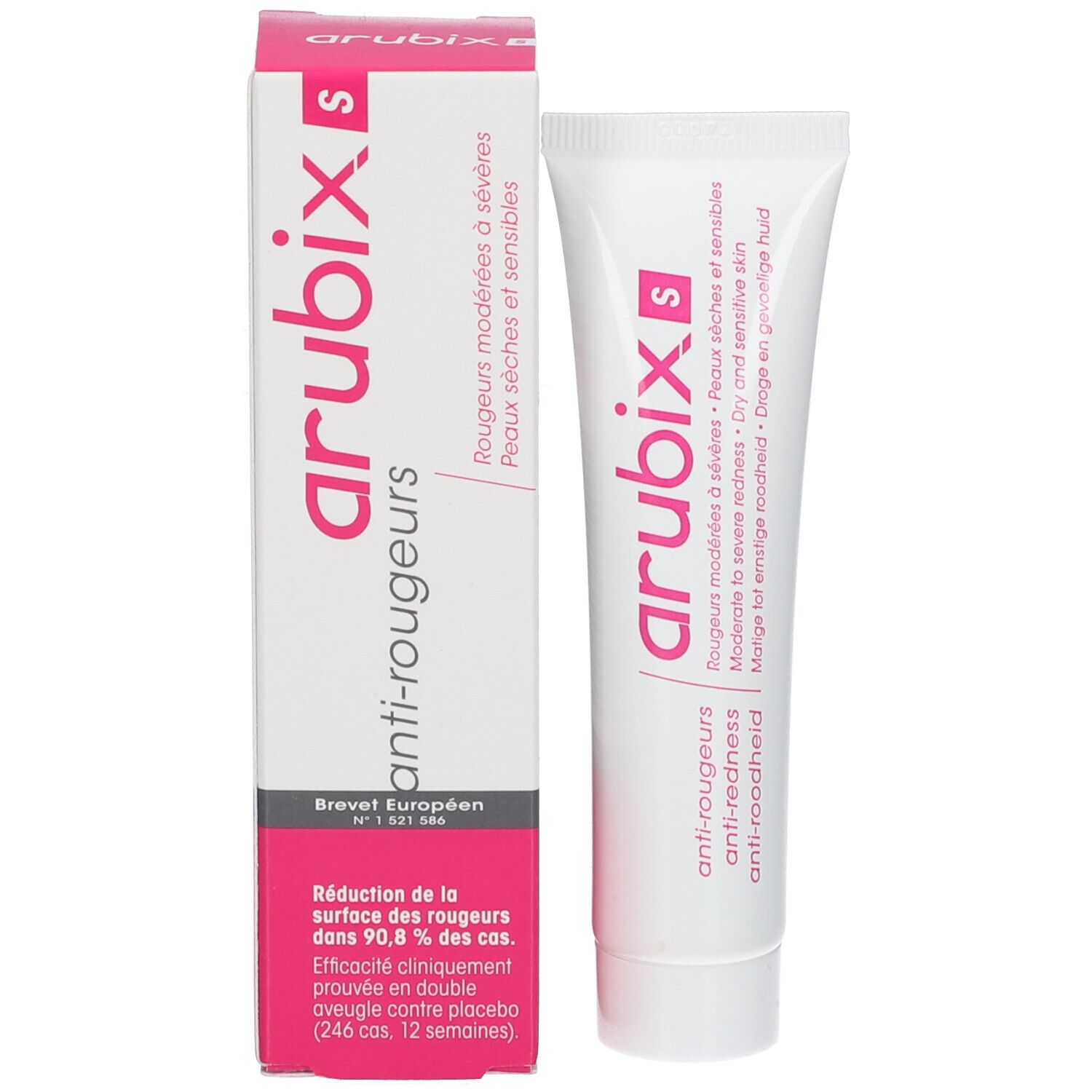 Emballage et tube. Emballage: blanc avec accents roses. Texte: arubix S, anti-rougeurs, Brevet Européen, réduction 90,8%.