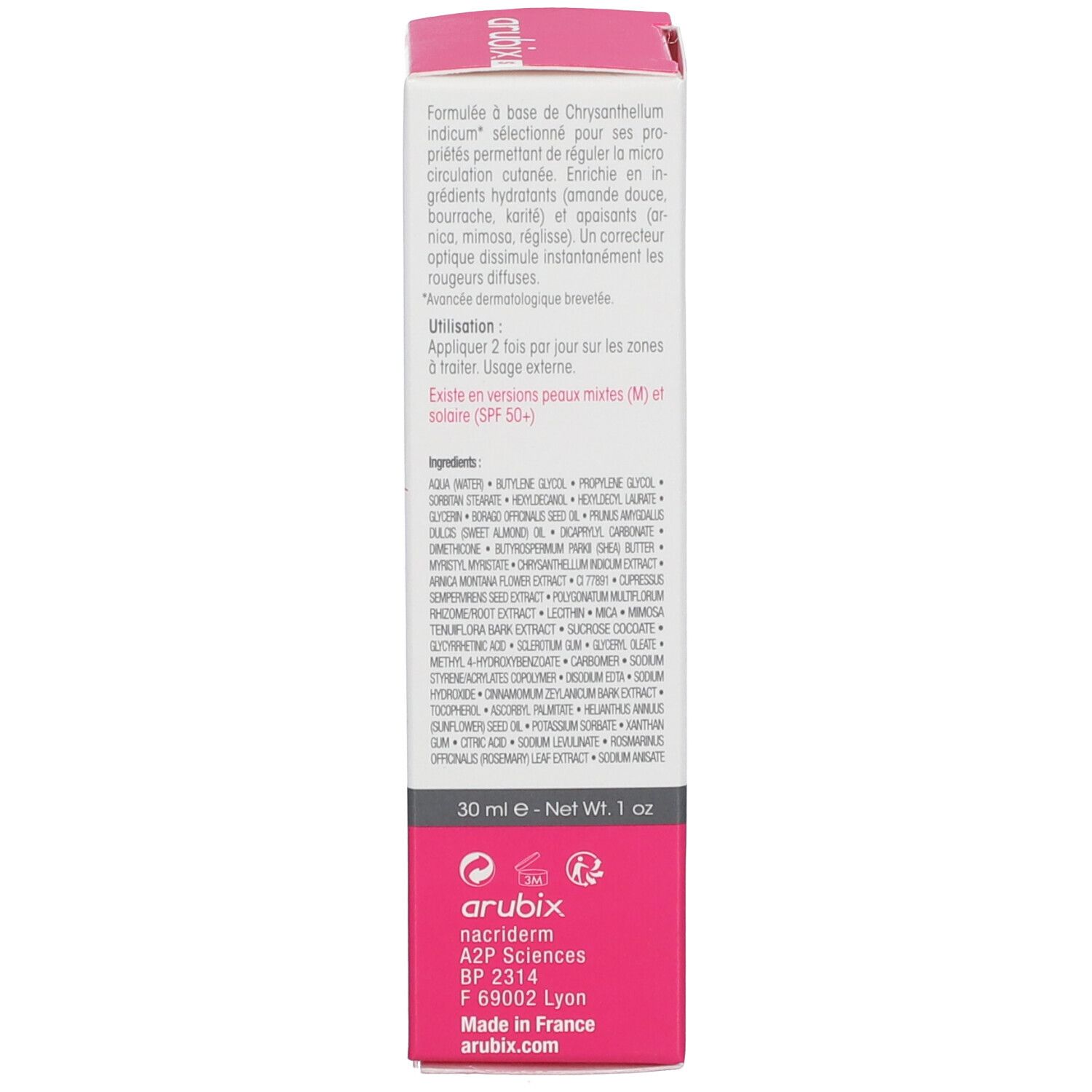 Emballage du produit. Texte: formule, mode d'emploi, ingrédients, 30 ml, arubix, nacriderm, arubix.com, Fabriqué en France.