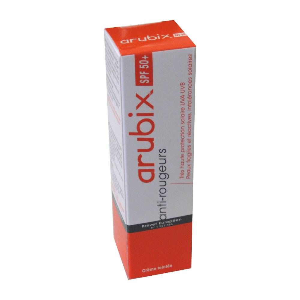 Arubix Crème Solaire IP50-verpakking. Wit-rode doos met productnaam en SPF 50+. Tekst: Anti-roodheid, Brevet Européen.