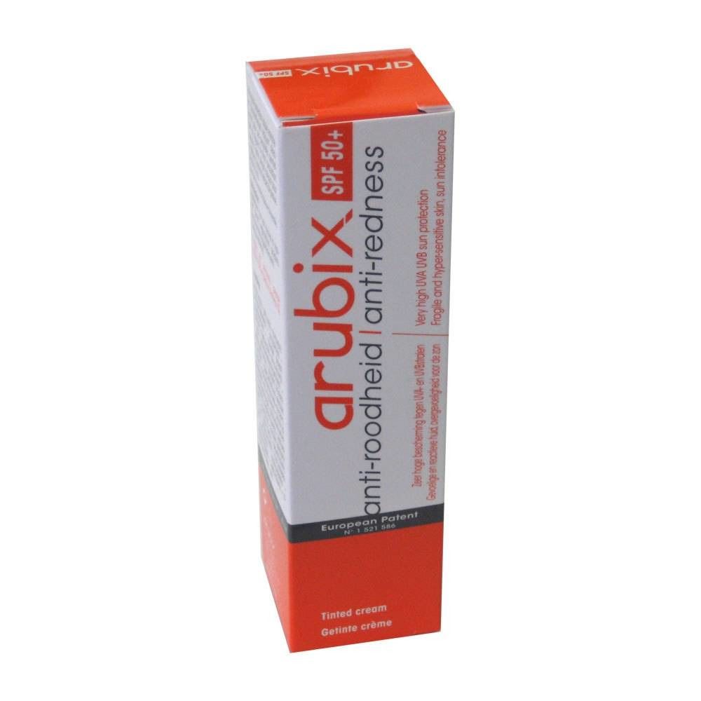 Arubix Crème Solaire IP50-verpakking. Wit-rode doos met productnaam en SPF 50+. Tekst: Anti-roodheid, European Patent, Getinte crème.