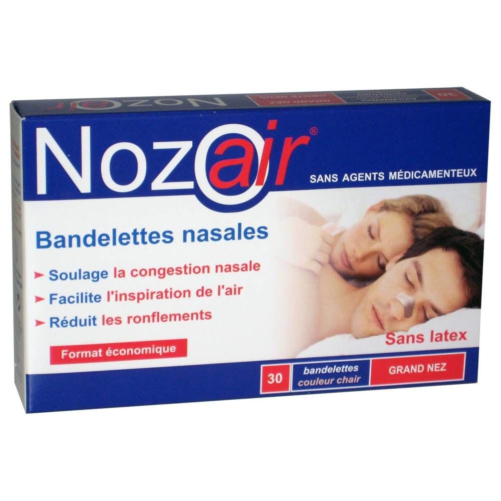 Boîte bleue et blanche avec nom du produit et illustration. Texte: Bandelettes nasales, 30 unités, Grand Nez.