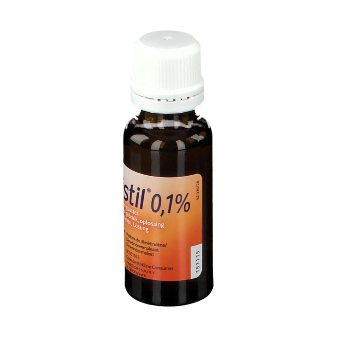 Bruine glazen fles met witte dop. Etiket met productnaam Fenistil 0,1% en andere informatie.