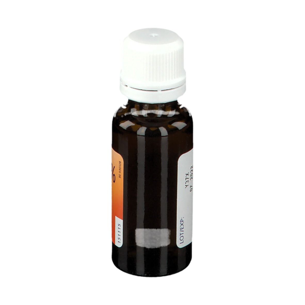 Bruine glazen fles met witte dop. Etiket met informatie, waaronder lotnummer en vervaldatum.