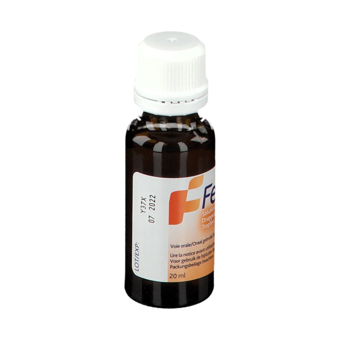 Bruine glazen fles met witte dop. Etiket met productnaam Fenistil en andere informatie, 20 ml.