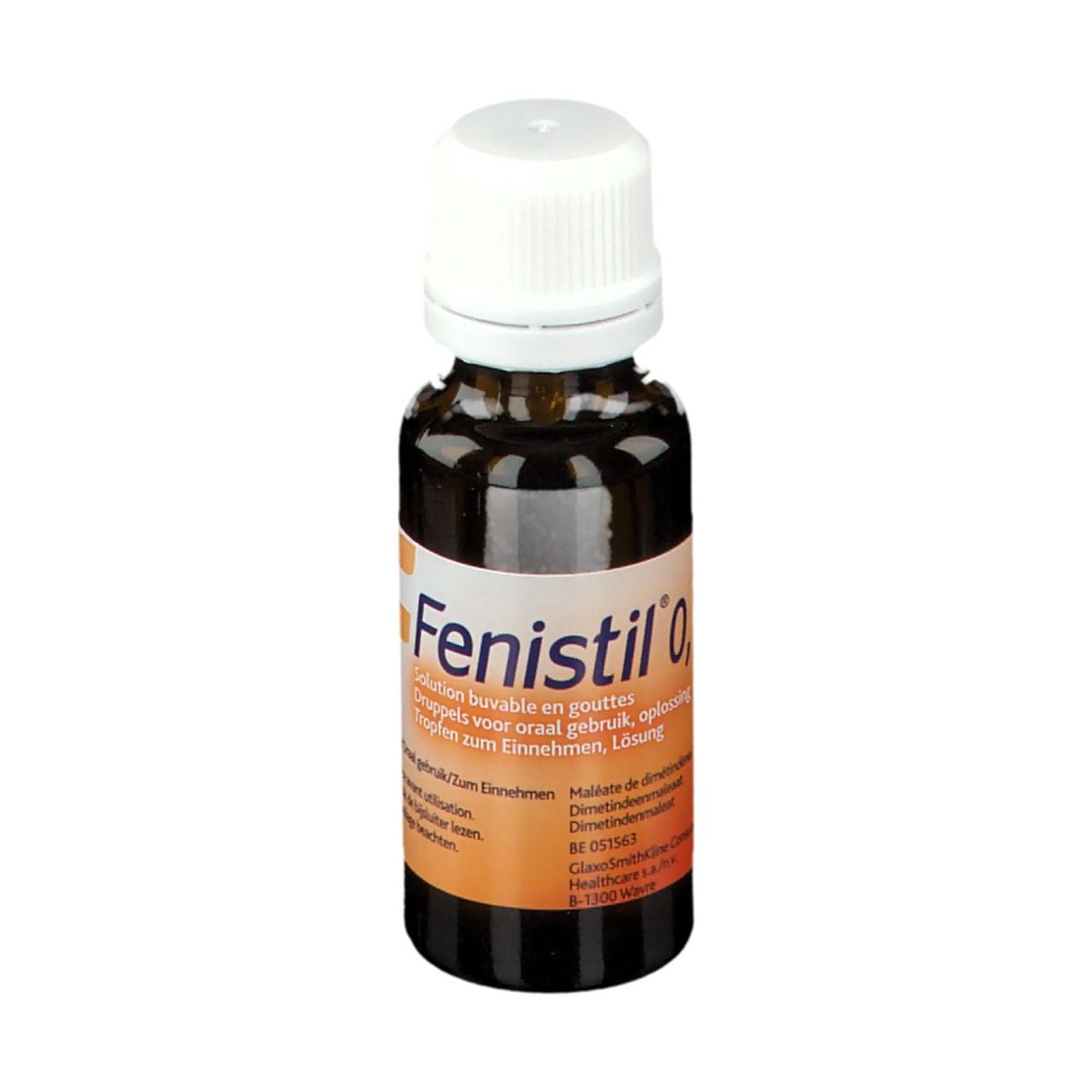 Bruine glazen fles met witte dop. Etiket met productnaam Fenistil 0 en andere informatie.