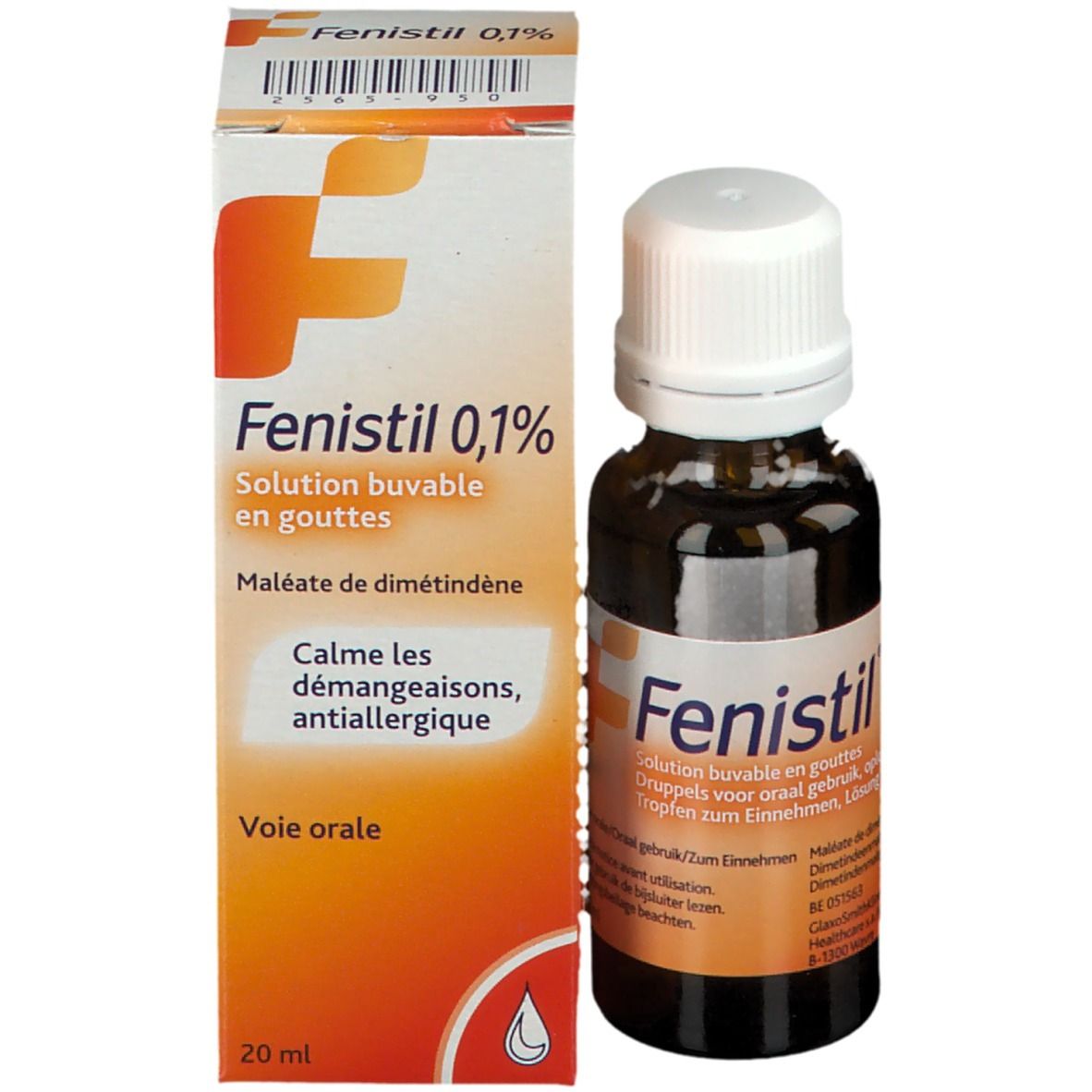 Fenistil 0,1% fles en verpakking. Fles bruin, witte dop. Verpakking wit/oranje met productnaam.