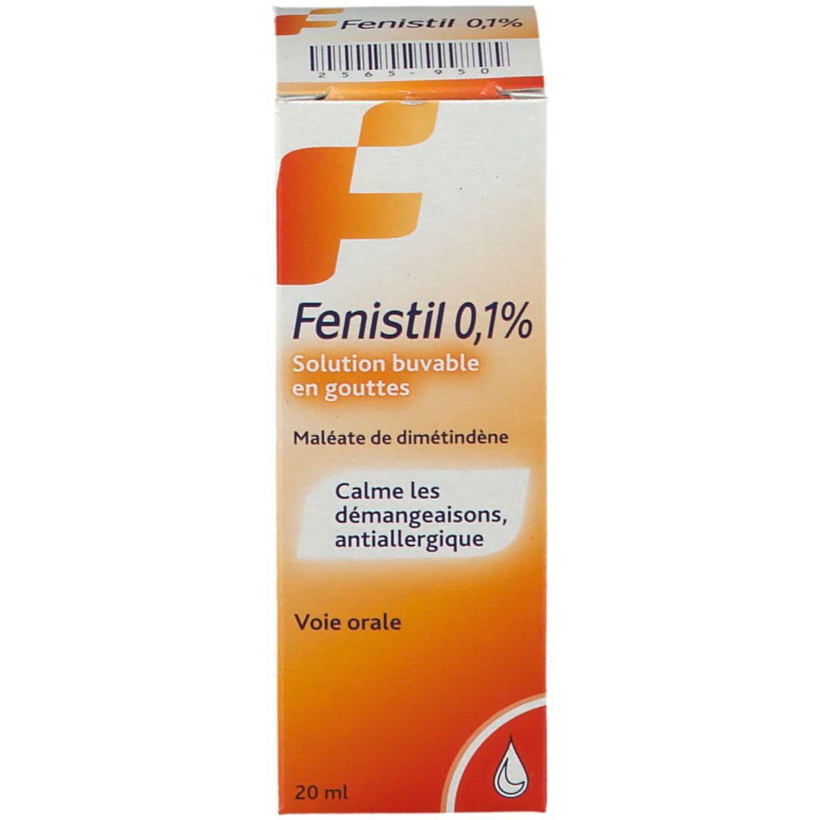 Verpakking van Fenistil 0,1%. Wit/oranje doos met productnaam, ingrediënten en indicaties.