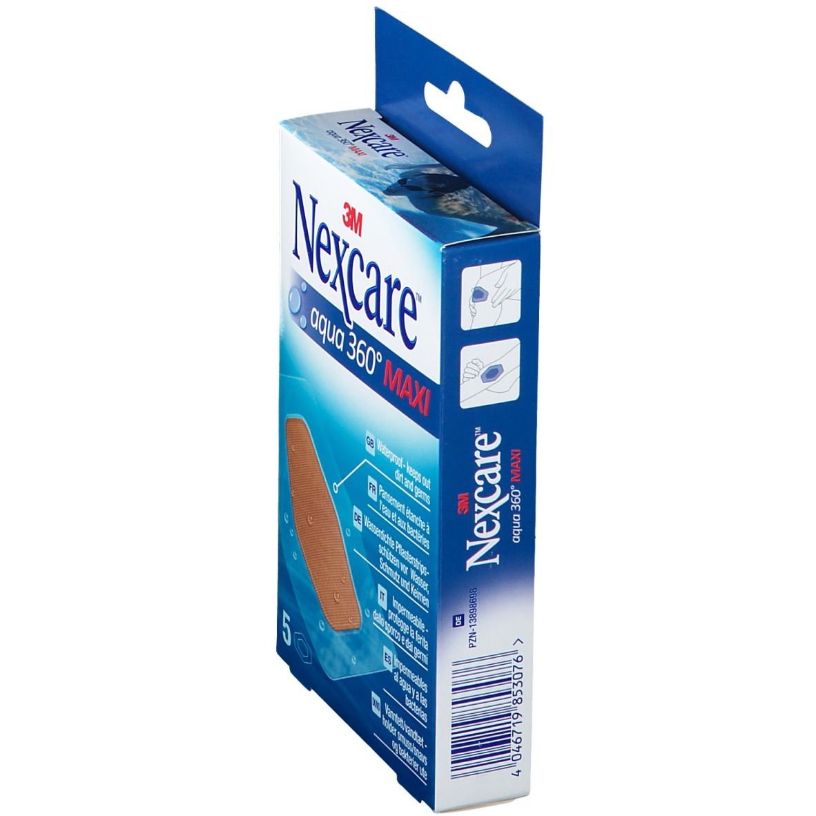 Vue latérale de l'emballage Nexcare Aqua 360° MAXI. Pansement brun visible. Nom et logo du produit sur emballage bleu et blanc.