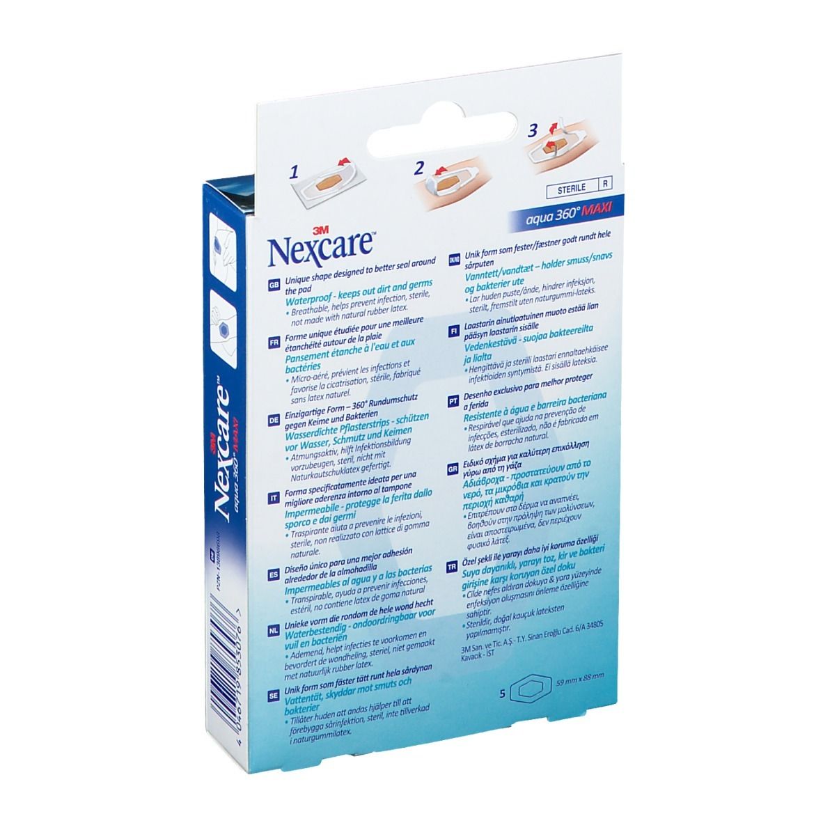 Dos de l'emballage Nexcare Aqua 360° MAXI. Informations sur le produit et exemples d'utilisation en plusieurs langues.