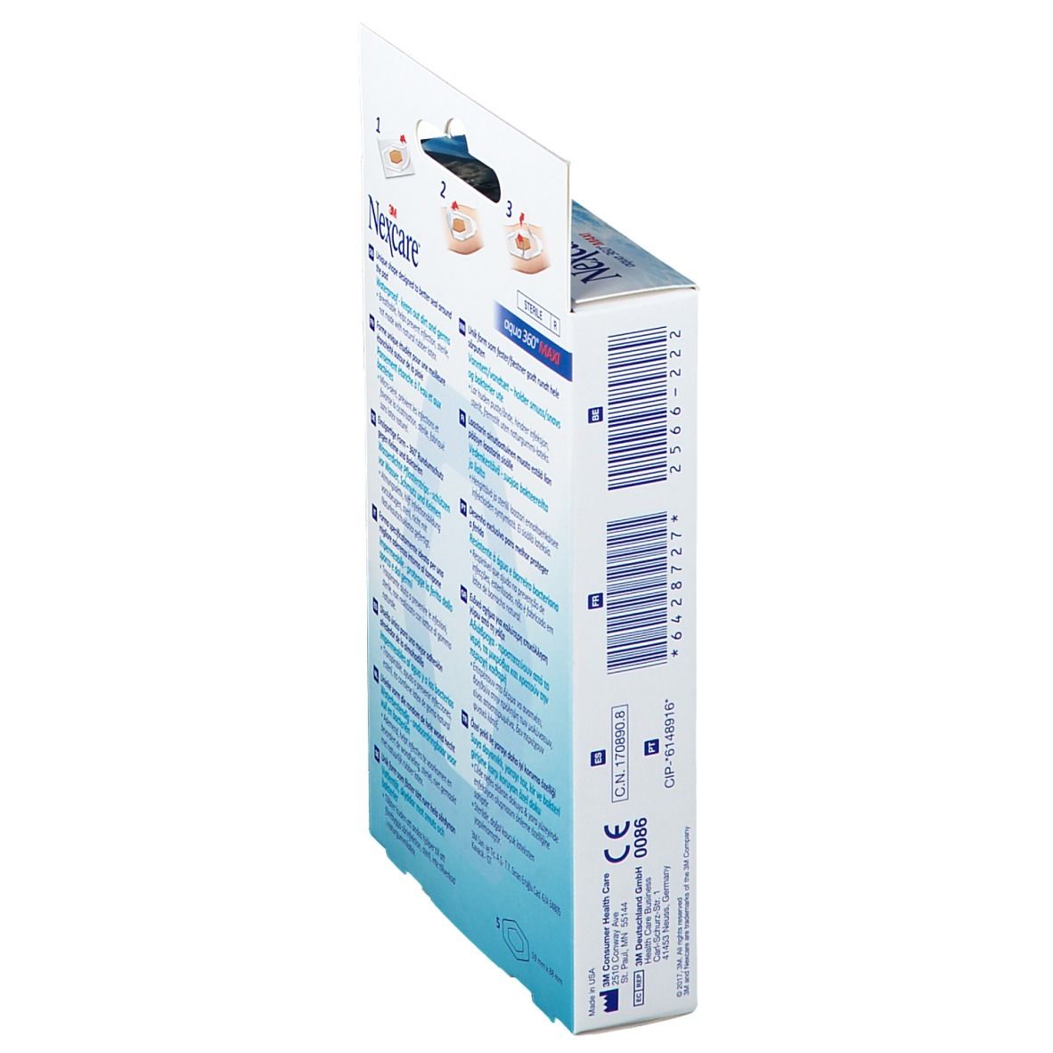 Vue latérale de l'emballage Nexcare Aqua 360° MAXI. Code-barres et informations sur le produit sur emballage bleu et blanc.