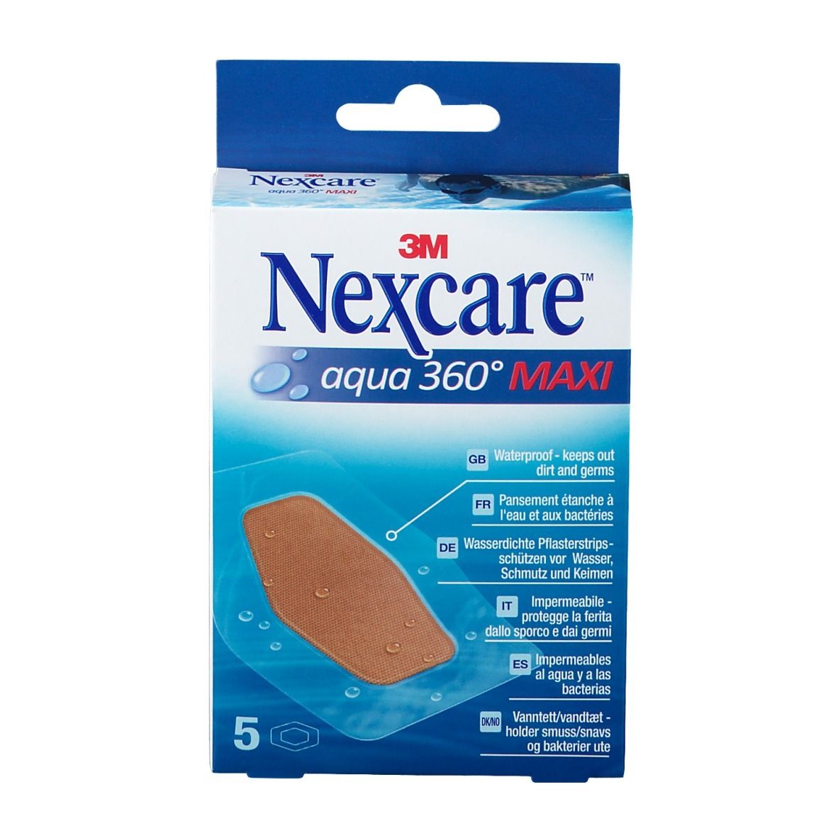 Emballage Nexcare Aqua 360° MAXI avec un pansement visible. Contient 5 pansements. Emballage bleu et blanc.
