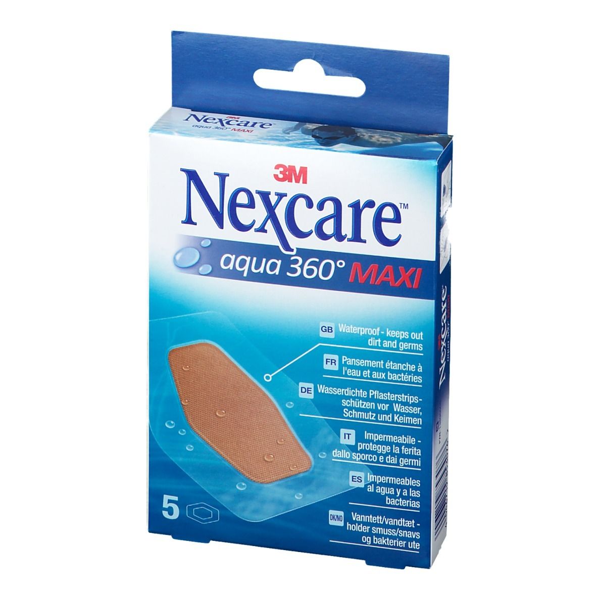 Emballage Nexcare Aqua 360° MAXI avec un pansement visible. Contient 5 pansements. Emballage bleu et blanc.