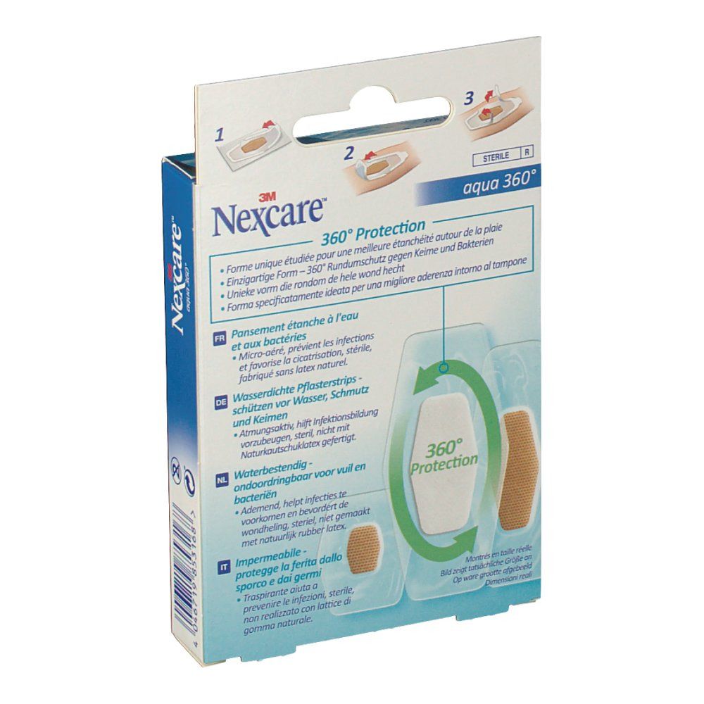 Dos de la boîte de pansements Nexcare Aqua 360°. Informations produit en allemand, français, italien et néerlandais. Illustrations.