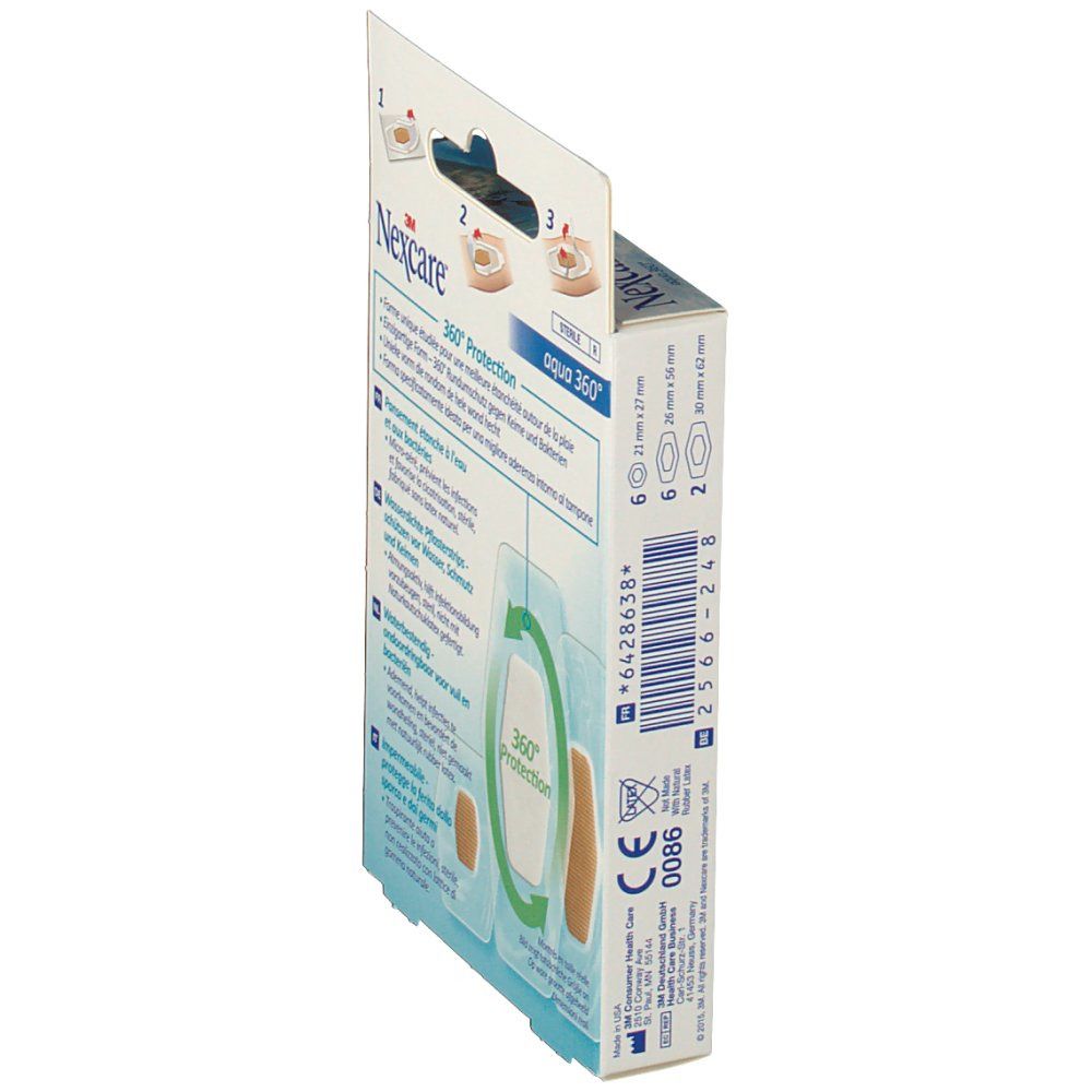 Vue latérale de la boîte de pansements Nexcare Aqua 360°. Nom du produit et informations. Illustrations des pansements. Marquage CE.