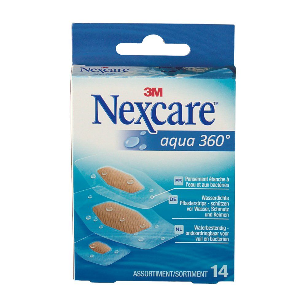 Vue de face de la boîte de pansements Nexcare Aqua 360°. Nom du produit, illustration des pansements. 14 pièces. Informations multilingues.