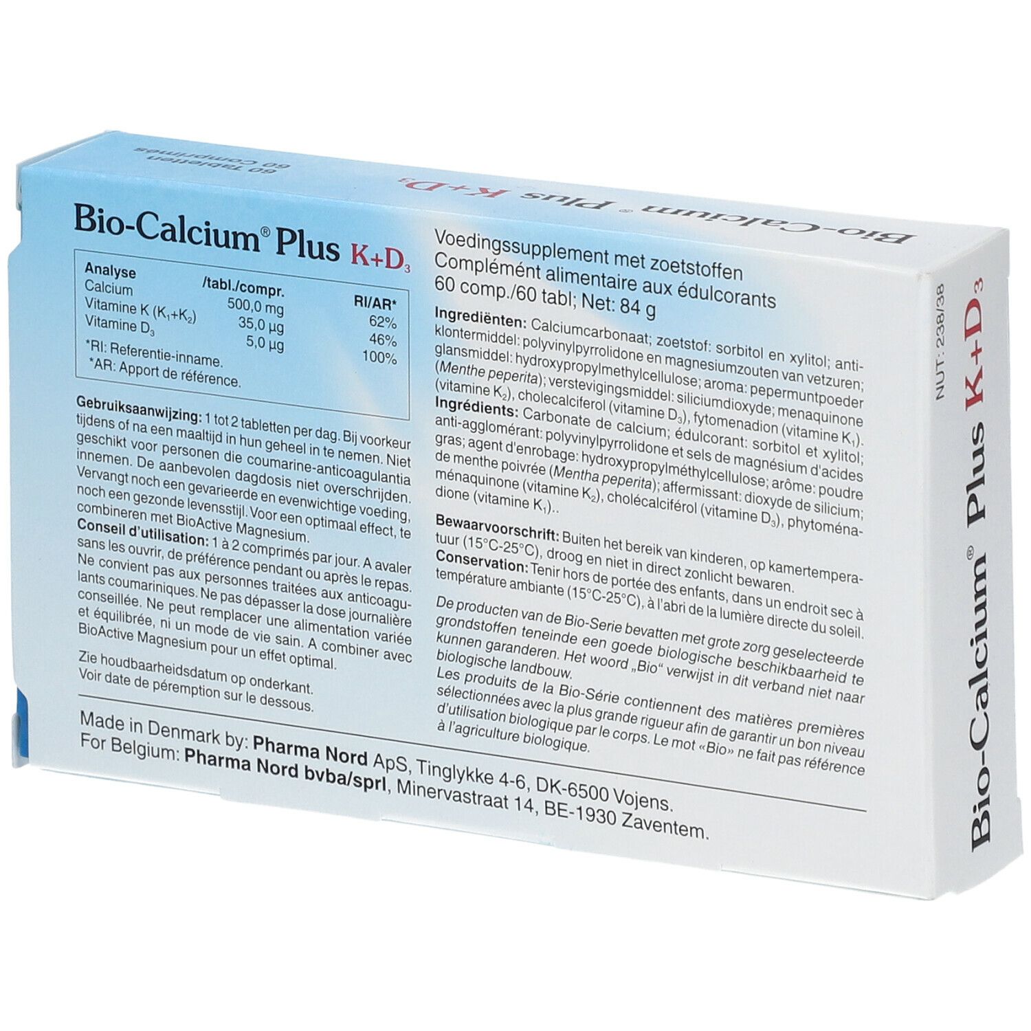 Dos de la boîte 'Bio-Calcium Plus K+D3'. Texte multilingue. Logo Pharma Nord.