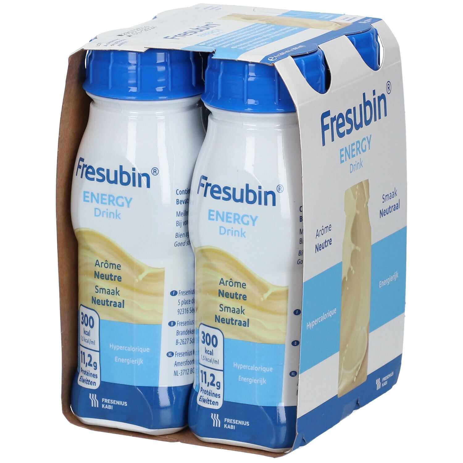 Emballage de quatre bouteilles Fresubin Energy Drink. Bouchons bleus, étiquette blanche avec informations. Goût neutre.