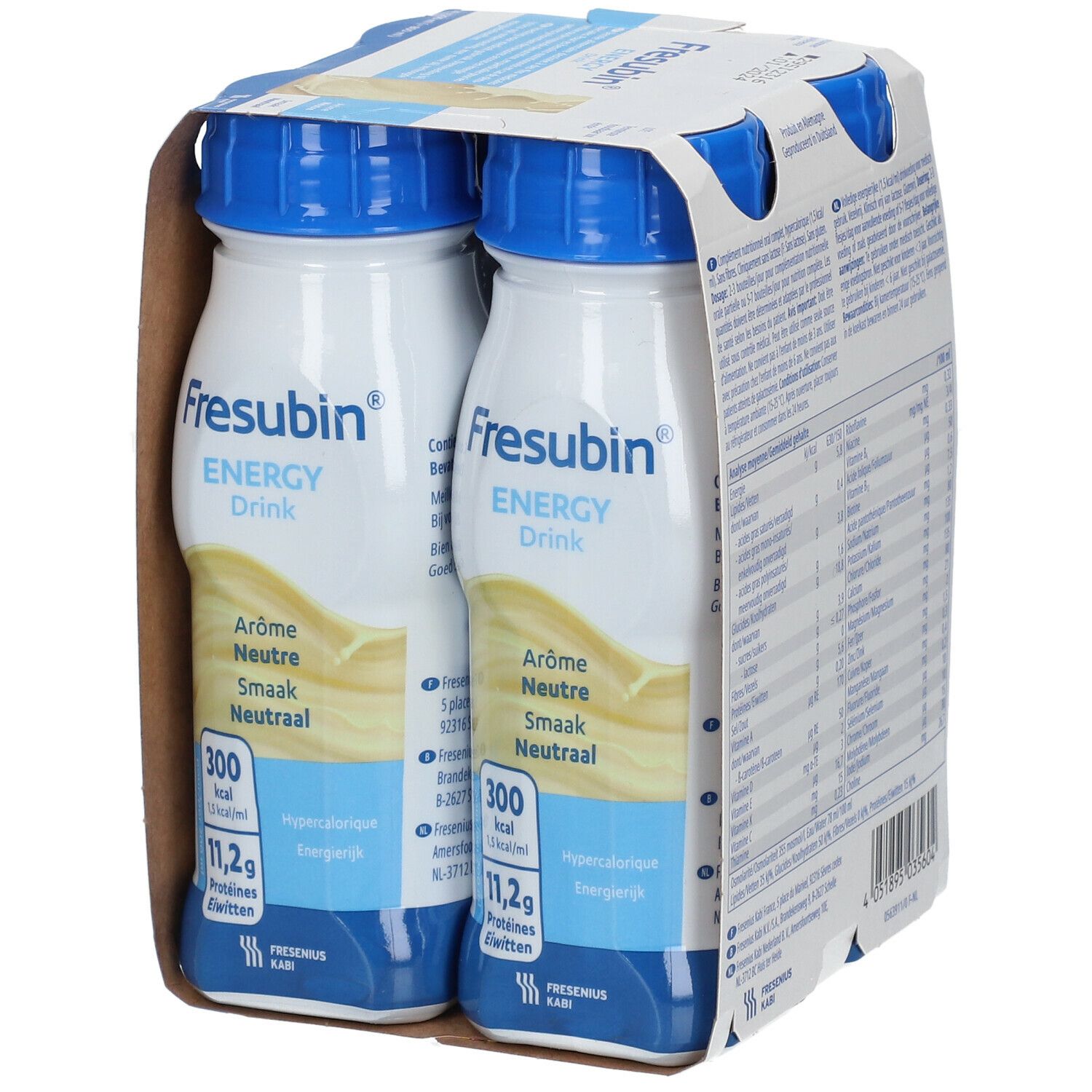 Emballage de quatre bouteilles Fresubin Energy Drink. Bouchons bleus, étiquette blanche avec informations. Goût neutre.