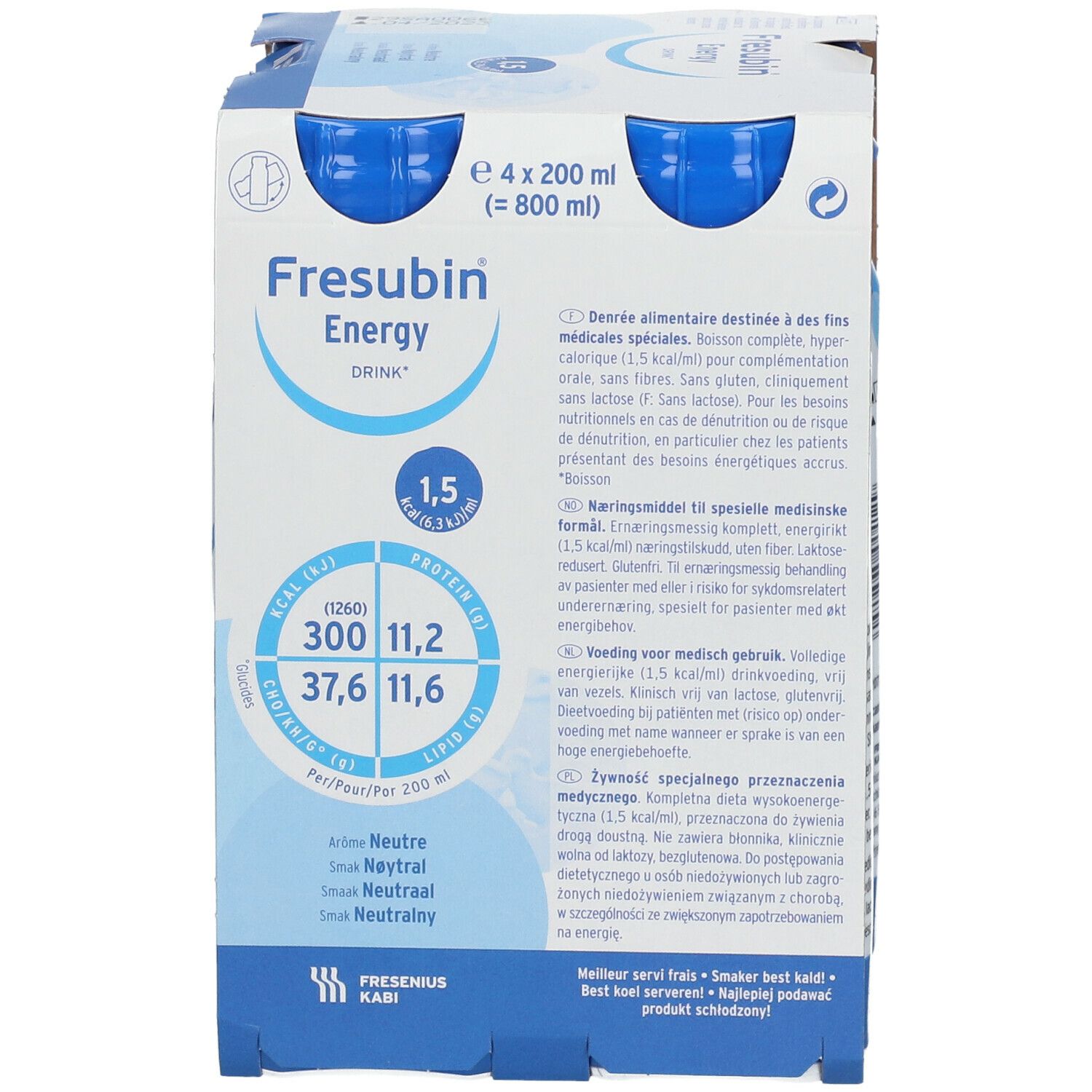 Emballage de quatre bouteilles Fresubin Energy Drink. Bouchons bleus, étiquette blanche avec informations. Goût neutre.