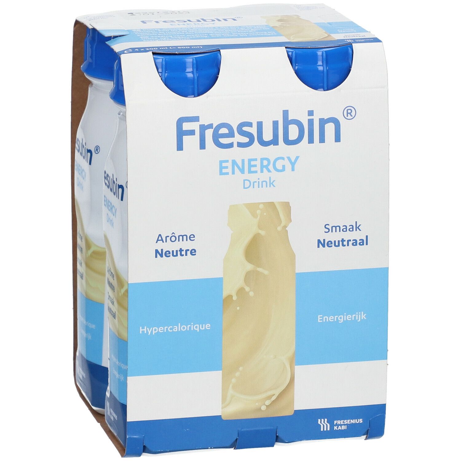 Emballage de quatre bouteilles Fresubin Energy Drink. Bouchons bleus, étiquette blanche avec informations. Goût neutre.