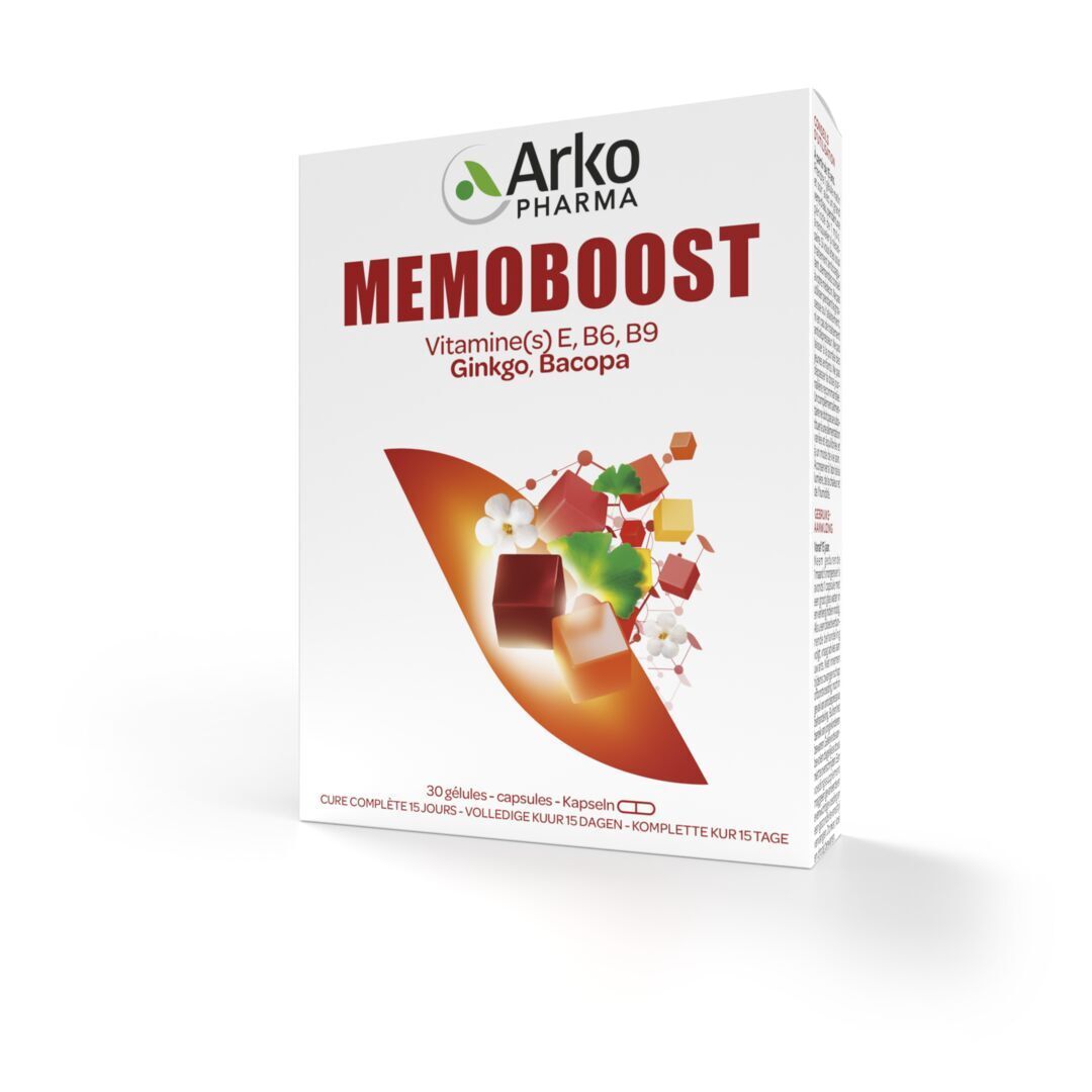 Boîte "MEMOBOOST". 30 gélules. Vitamines E, B6, B9, Ginkgo, Bacopa. Illustrations colorées.