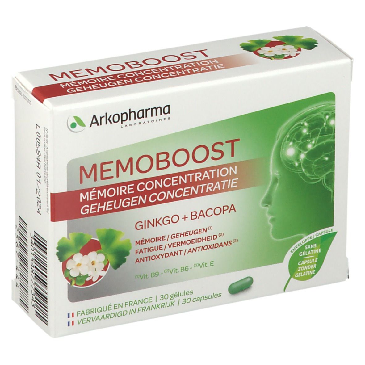 Boîte de gélules "MEMOBOOST". Extrait de Ginkgo et Bacopa. Design vert et blanc avec illustrations.